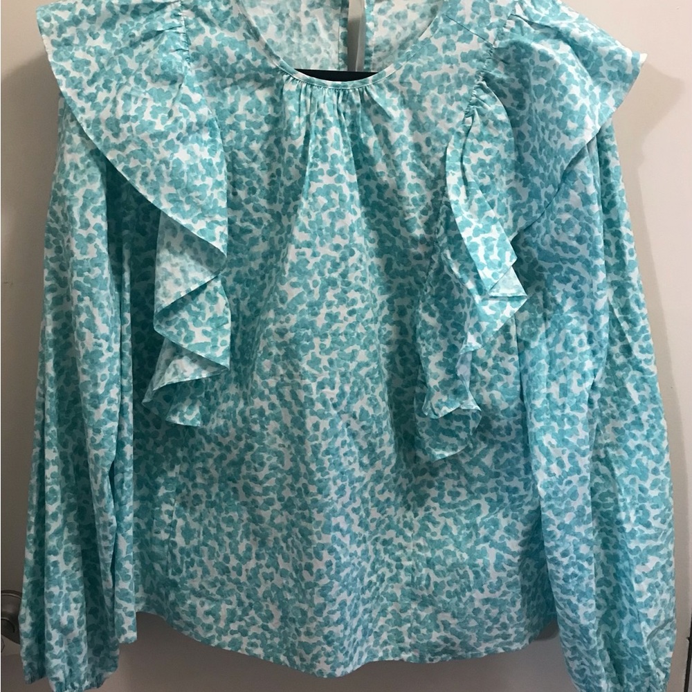 Marie Oliver Light Blue and White Ruffled Top Size XL New With Tags Retails $228